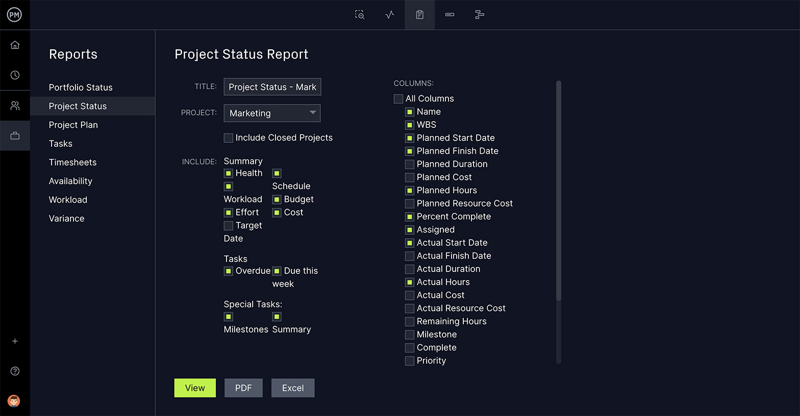 A screenshot of the Project status report popup, where you can choose the data to export into a file.